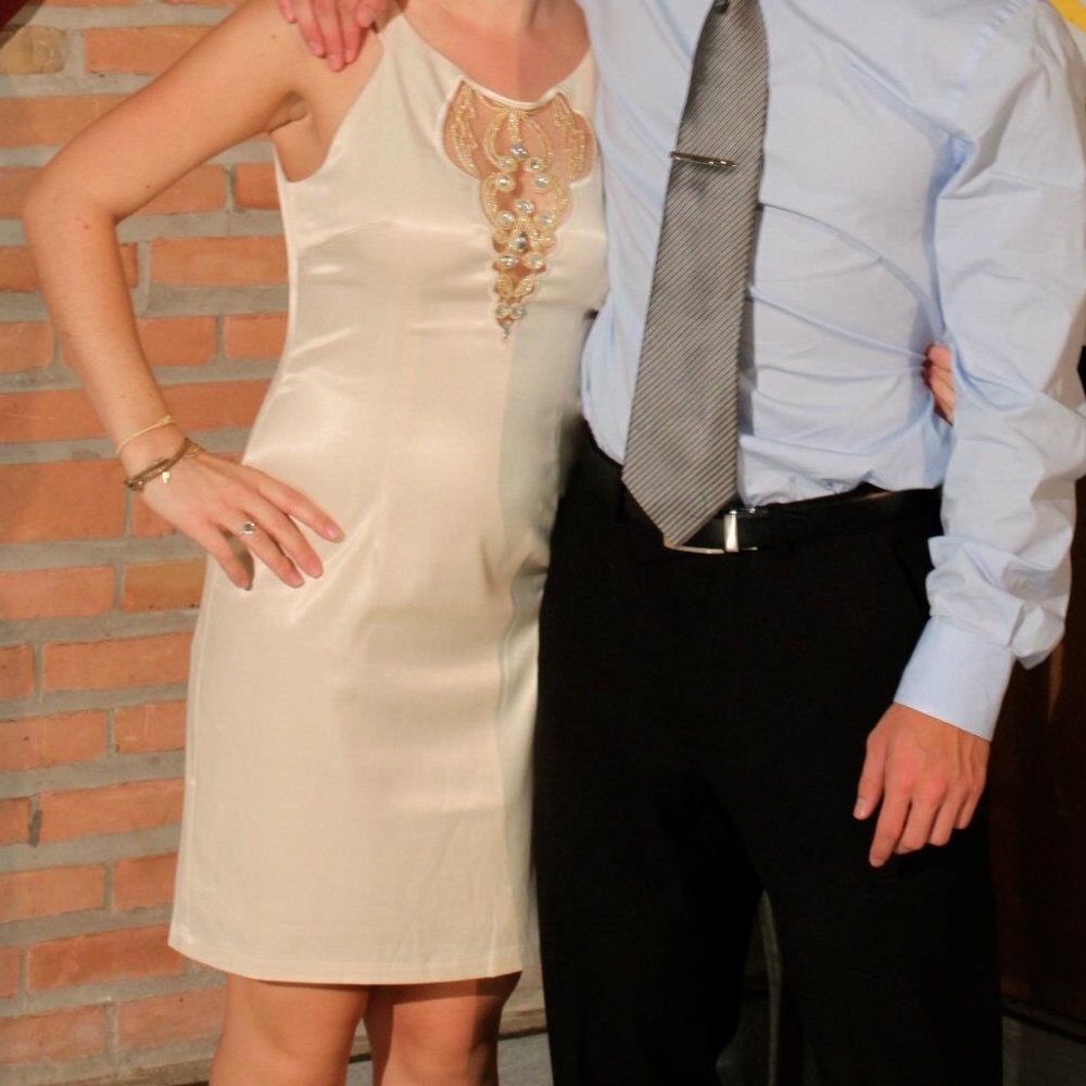 Cream Satin Party Dress with Beadwork